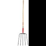 Used for transferring manure, mulch, and other loose material 3.5 inch tine spacing 48 inch north american hardwood handle with flex-beam support Pointed, bent pattern steel head is mounted to the handle for strength and durability Forged steel head