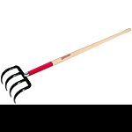 Used for harvesting potatoes and dragging refuse Four 7.5 inch forged, broad, oval, diamond point steel tines with 7-inch head width 54 inch hardwood wood handle with 8 inch steel ferrule with cap Long handle reduces stress on back, muscles, and joints Ma