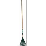 8 wide poly rake head makes for quick cleanup between shrubs and bushes Lacquered wood handle for strength and durability Clear-coated green finished head Spray clean with garden hose