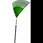 30 wide plastic rake head makes for quick cleanup Lacquered wood handle with comfort grip Clear-coated green finished head Spray clean with garden hose