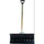 Steel snow pusher blade with braces Wood shaft handle is made of ash-tree Snow shovel has a d-grip polymer handle on the end
