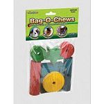 The Bag-O-Chews Wood Chew Toys contains 12 small pieces of wood that are colored with USDA approved, vegetable based food coloring. Especially designed and pre-drilled for the Treat-K-Bob. The perfect size for small pets and is a safe activity.