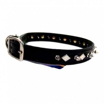 Spiked / Diamond Black Leather Dog Collar