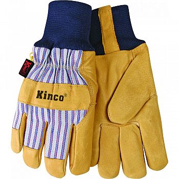 Lined Suede Pigskin Knit Wrist Glove TAN/BLUE/RED LARGE (Case of 6)
