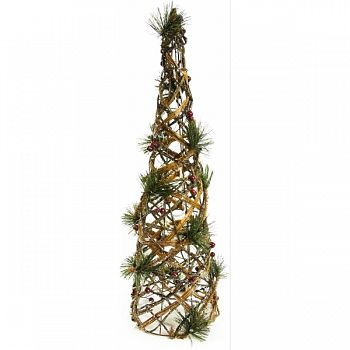 Christmas Rattan & Berry Cone W/ 20 Led Lights GOLD 7X7X24 INCH (Case of 2)
