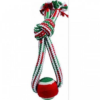 Holiday Crinkle Rope With Tennis Ball Tug Dog Toy RED/GREEN 13 INCH