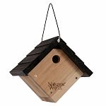 Traditional Wren House is made of insect and rot resistant premium cedar and stainless steel screws. This house features extra air vents, clean-out doors, and a 1 inch entry hole. It includes a vinyl coated steel hanging cable
