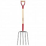 Transferring barley, silage and other crops. Five 18-1/2 oval forged steel tines. 34 ash wood handle with steel and wood d-grip and 10 steel ferrule and cap. 10 spread at points. 10 ferrule with cap. 34 ash handle with steel and wood d-grip.