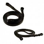 Beautifully crafted from supple, pre-conditioned leather. Flat horse reins that can be used as a Pelham rein. Three sizes /Dark Havana Brown leather. They have hook studs to attach them to the bridle.