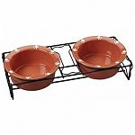 2 nice glossy bowls for food and water, with embossed paw prints on rim of dishes. Matte black metal frame with dog bone cut-outs. Hand wash only.