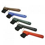 The Hoof Pick with Brush is 7 inches in size and combines two grooming tools in one. One side is a traditional metal hoof pick that is designed to remove mud, impacted dirt and stones. The other side is a convenient plastic brush that is great for removin