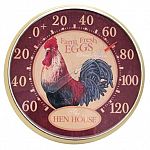 The Chaney Instrument 12.5 Inch Indoor/Outdoor Thermometer with a Hen House theme is constructed of molded plastic and has a plastic lens for durability and weather resistance. This novelty indoor/outdoor thermometer would be a great addition to your sun