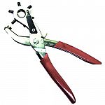 Metal with rubber grips. This drop forged revolving head leather punch is heavy enough for the toughest work. Punches can be replaced when needed.