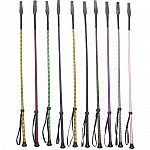 This is a package of 10 assorted colored riding crops, which are used when riding your horse. Each has a leather popper end and a wrist loop. Plastic, leather and nylon.