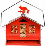 Holds 12 pounds of seed. Features a weight activated perch bar that closes to prevent squirrels from accessing the seed supply. Home design with metal construction and a removable roof peak for easy filling.