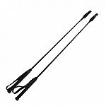 A small whip with a handle on one end that loops around the rider s wrist, and has a stringy stinger on the other end.