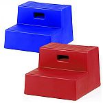 Sturdy equine mounting block, high density polyethylene with built-in handle for easy lifting. Molded treads. 15 H x 18 3/4 W (inches). Two 10 inch wide steps. 14 lbs. In navy, royal, hunter green, maroon, brown or red.