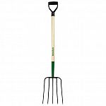 For transferring manure or loose material. Five 12-1/2 inch oval forged steel tines. 36 inch ash wood handle with 10 inch steel ferrule and poly d-grip.