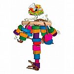 An ideal beak exercise toy comprised of solid natural wood strung together with cotton rope and leather strips. Additional material include leather shapes, plastic beads, sea shells and knotted ropes. Toys are finished with 100 percent safe fd&c colors. 9