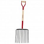 For transferring ensilage, mulch or stones. Ten 16 oval forged steel tines with a 16 head width. 30 ash wood handle with 10 steel ferrule and cap and steel and wood d-grip.