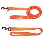 One inch thick dog leash in orange. Choose from 2 feet (to keep your dog close to you) 4 feet and 6 feet. Strong metal hardware. Matching collars available.