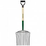 For transferring ensilage. Ten 16 inch rung, welded steel tines with a 14 3/4 inch head width. 30 inch ash wood handle with 10 inch steel ferrule and poly d-grip.