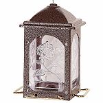 Holds up to 5 lbs of seed. Model 3524 Copper Vein / Hands free filling. High quality powder coated finish is rust resistant Engraved artistic design in viewing windows. Includes durable polypropylene rope with height adjustment.