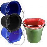 Large 20 quart flat back bucket horse feeder easily mounts on wall. Super copy cat bucket in six colors. 15 inches wide and 12.5 inches deep. 5/16 inch galvanized handle. Spill handle on the bottom.