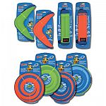 Chuckit! Amphibious Toys for Dogs are toys designed for use on land or in the water. Made in bright, vibrant colors for easy visibility, the collection includes a Boomerang, Flying Ring, and Bumper. These soft and durable toys float in the air or water.