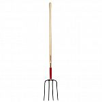 For transferring manure or loose material. Four 12-1/2 oval forged steel tines. 48 ash wood handle with 10 steel ferrule and cap and steel flex-beam handle reinforcement.  Raz.