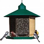 Holds 5 quarts of a variety of seeds. Plastic panels inside the resevoir divide it into thirds so you may use the same type seed or place different seed in each.