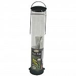 Heavy die-cast metal caps, ports, bases and clear uv stabilized polycarbonate tube. Seed deflector in tube allows birds to remove every last seed. Redesigned feed ports have raised ridge to divert rainwater. Perches are part of the seed port. Holds 1 1/4