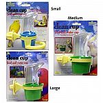 This feeder by JW Pet is designed to feed a variety of pet birds. Feeder attaches to a wire cage and may be used for either food or water. Small feeder has a round perch. Easy to clean and made to keep debris from falling into the cage.