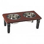 Product is an adjustable height diner dish in attractive wood tones with 2 stainless steel bowls.