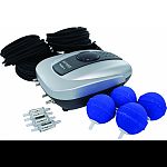 Circulates and oxygenates pond water Includes flexible airline, air stones and check valves Compact yet efficient diaphragm compressor consumes as little as 4 watts Made in the usa