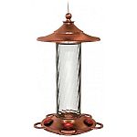 Decorative brushed copper caps and basin and glass bottles project an upscale appearance. Wide mouth design offers easier filling to reduce or eliminate spillage. Easy disassembly for filling. 5 highly durable integral metal hummingbird perches. Beautiful