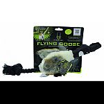 Thumb released slingshot dog toy Made with durable ballistic material Bungy neck launches toy up to 100 feet! Floats in water for summertime fun