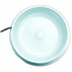 14x14x5 inches. Makes water available for pets in even the most extreme cold temperatures. Thermostatically controlled. Just plug in and water will remain open all winter. All electronics are safely sealed inside and the cord is steel wrapped to prevent a