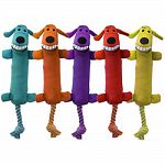 3 toys in one: rope toy, retriver toy, and fetch dog toy Sling shots when pulled and released, and floats Neoprene covered toy that squeaks