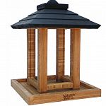 Made with solid cross-ply bamboo Wide opening for easy filling and no spilling Diverts seed to feeding area giving birds easy access Durable rust-free stainless steel wire mesh with rust-free hardware Water-cased protective stain Vinyl coated steel hangin