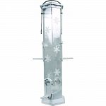 Has winter white snowflake design. Wider tube enable easier filling with less spilling 6 feeding ports 6-sides allow for viewing up to 50% more birds Stay-clear crack resistant tube