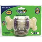 Durable nylon bristle and rubber nubs provide a unique chewing experience. Irresistable, replacable gnawhide treat rings ensure long-lasting enjoyment and are easy to replace. Makes it impossible for dogs to gorge on treats. Toys unscrew to load treats an