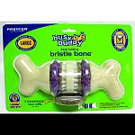 Durable nylon bristle and rubber nubs provide a unique chewing experience. Irresistable, replacable gnawhide treat rings ensure long-lasting enjoyment and are easy to replace. Makes it impossible for dogs to gorge on treats. Toys unscrew to load treats an