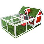 Traditional country barn style coop and pen Full-size free range pasture pen Secure internal nest box Large, easy access doors Fold down entrance ramp Easy clean metal pan