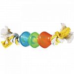 Cutting edge playful learning activity toy and treat dispensing toy For use with a wide variety of kibble and treats Three durable thermoplastic rubber pods on natural cotton rope - each pod can hold a treat, kibble, or peanut butter Provides a challengin