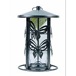 Metal construction All-weather poly container 4 feeding ports Built in perch Hold 3lbs of mixed seed