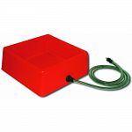 Heated pet bowl. 60 watts. Thermostatically controlled to operate only when necessary. Square design heavy duty anti-chew cord protector. 1 1/4 gallon capacity. Guaranteed for one year.