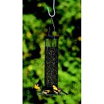 Holds More Birds and Saves Seed. Weight sensitive collapsing tray tips down under the weight of a grey squirrel. Powder coated in midnight black; everything looks good in black. Length 21 inches / Diameter 4.75 inches / Capacity 5 lbs.