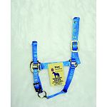 Adjustable Pony Halter with Chin Strap. Chin strap is adjustable and it has a throat snap. 3/4 inch thick (nylon)
