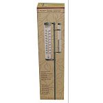 Measures up to 8 inches of rainfall. This Acu-Rite thermometer has a sturdy metal 3-piece pole that is black in color. The upper and lower caps of the thermometer cylinder are also metal and are dark green in color.